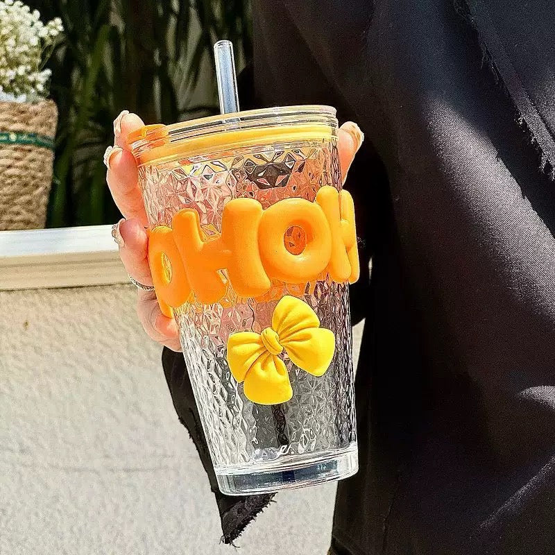 Cute Glass Mug with Straw & Bow-450ml
