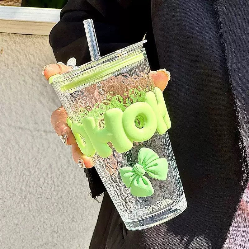 Cute Glass Mug with Straw & Bow-450ml
