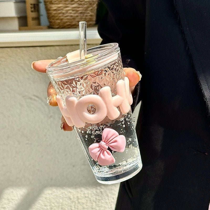 Cute Glass Mug with Straw & Bow-450ml