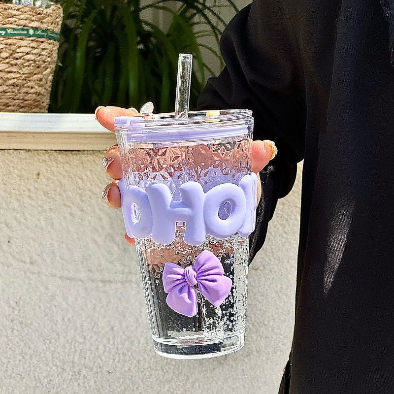 Cute Glass Mug with Straw & Bow-450ml